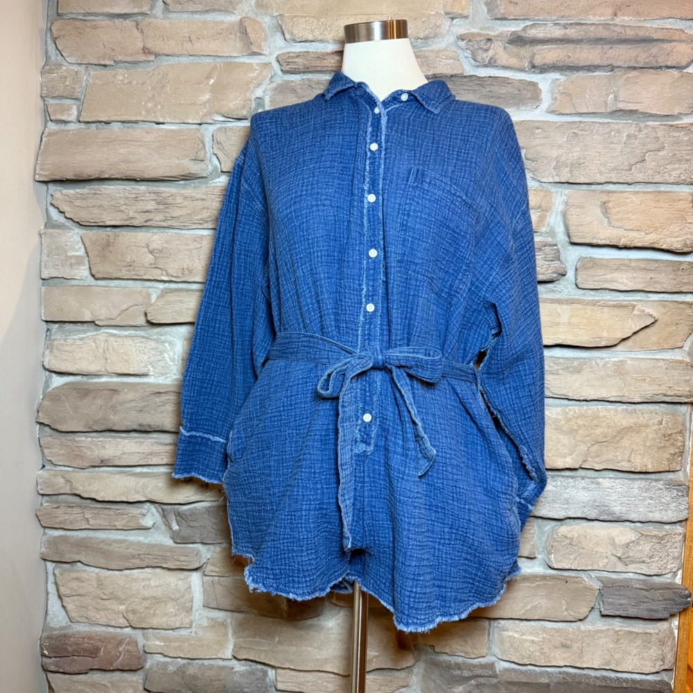 Aerie Crinkle Gauze Button Front Belted Romper Blue Size M